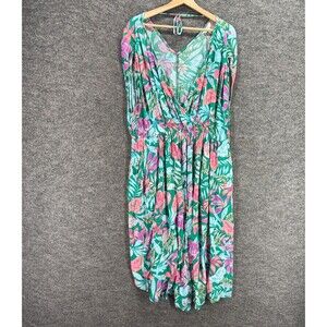 Terra & Sky Dress Women 1X Plus Blue Flloral Shift Short V-Neck Sleeveless